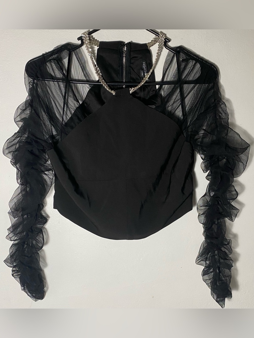Fashion Nova Black Sheer Ruffle Sleeve Halter Top with Chain Neckline